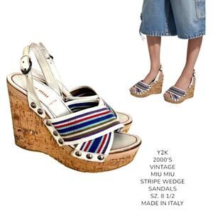 Y2K 2000'S VTG. Miu Miu STRIPE WEDGE STUDDED SANDALS 8 1/2.